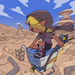  1girl bike_shorts black_shorts blonde_hair blue_sky bow_(weapon) braid brown_cloak canyon cloak commentary_request dark-skinned_female dark_skin dessert espresso_machine fangs fisheye floating food holding holding_bow_(weapon) holding_weapon hood hood_up hooded_cloak houten_(dre_a_mer) inkling inkling_girl inkling_player_character kneeling levitation long_hair looking_afar open_mouth pipeline pointy_ears red_shoes shirt shoes shorts side_braid sky smile sneakers solo spawner_(splatoon) splatoon_(series) splatoon_3 squatting tan tentacle_hair torn_cloak torn_clothes torn_shirt tri-stringer_(splatoon) tube weapon 
