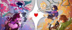  1girl 2boys 3others absurdres animal_ears chara_(undertale) chinese_commentary colored_skin colored_teeth commentary_request deltarune flowey_(undertale) frisk_(undertale) furry furry_female furry_male goat_boy goat_ears goat_horns green-framed_eyewear green_robe hair_over_one_eye highres holding holding_stick horns in-franchise_crossover kris_(dark_world)_(deltarune) kris_(deltarune) long_pointy_ears moyi7239 multiple_boys multiple_others pink_horns pink_scarf pointy_ears purple_skin ralsei red_soul_(utdr) reptile_girl robe scarf soul_(utdr) stick susie_(dark_world)_(deltarune) susie_(deltarune) the_fun_gang undertale utdr_(toby_fox) white_fur yellow_teeth 