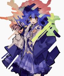  1girl :d apple asymmetrical_legwear black_bow black_bowtie black_capelet black_hat black_pantyhose blue_hair blue_necktie blue_skirt bow bowtie braid braided_hair_rings capelet collared_shirt commentary contrast_collar cowboy_shot deerstalker food fruit grey_vest hair_rings hat highres holding holding_food holding_fruit kz5gr long_sleeves mahou_shoujo_no_majo_saiban necktie open_mouth pantyhose plaid_clothes plaid_skirt shirt short_hair simple_background single_leg_pantyhose skirt smile solo tachibana_sherry untranslatable_commentary vest white_background white_shirt yellow_eyes 