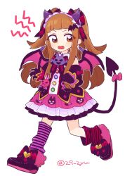  1girl 29_zyu bat_hair_ornament brown_eyes brown_hair commentary_request detached_sleeves dress fake_horns fake_tail fake_wings fang frilled_dress frills full_body hair_ornament halloween_costume headdress highres horns ichihara_nina idolmaster idolmaster_cinderella_girls layered_dress long_hair ribbon short_bangs socks solo striped_clothes striped_socks tail twintails white_background wings 