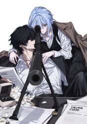  1boy 1girl bipod black_hair black_jacket black_pants black_vest blue_hair brown_coat coat commentary_request genshin_impact gun gun_on_bipod hand_on_another's_shoulder highres holding holding_paper jacket korean_commentary l8orb8 looking_through_scope medium_hair odette_(genshin_impact) pants paper partially_unbuttoned rifle scope shirt sniper_rifle suppressor table valeriy_(genshin_impact) vest violet_eyes weapon white_background white_shirt 