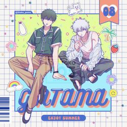 2boys bare_shoulders black_hair cigarette commentary_request drinking_straw drinking_straw_in_mouth food fruit full_body gintama highres hijikata_toushirou male_focus multiple_boys ponko_(uesama_suki_104) sadaharu sakata_gintoki short_hair simple_background strawberry strawberry_milk summer white_hair 