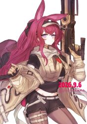  1girl animal_ears arknights bag belt black_ribbon black_shirt black_shorts blush breast_pocket breasts brown_jacket brown_pantyhose brown_vest commentary_request dated gun hair_ornament hair_ribbon hairclip headlamp holding holding_bag holding_gun holding_weapon hosakana jacket large_breasts long_hair looking_at_viewer navel_peek open_clothes open_jacket pantyhose pocket rabbit_ears rabbit_girl rabbit_tail ray_(arknights) ribbon shirt shorts sidelocks solo stomach tail thigh_belt thigh_strap twitter_username vest violet_eyes visor_cap weapon whistle whistle_around_neck white_background white_belt 