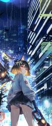  1girl :| absurdres american_flag american_flag_print android animal_ears bird black_bird brown_hair building cable cat_ears cat_girl city_lights cityscape clip_studio_paint_(medium) closed_mouth commentary_request cyberpunk energy_gun flag_print headgear highres holding holding_weapon looking_at_viewer mecha_musume mechanical_arms mechanical_hands mechanical_wings miyu_(miyulein) moon neon_lights night original outdoors panties panty_peek pantyshot red_eyes road robot_girl science_fiction short_hair skirt skyline skyscraper solo standing street underwear weapon white_panties wings 