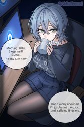  1girl aidia_chronel black_pantyhose black_shirt blue_shorts breasts chair closed_mouth coffee_mug commentary cup drinking english_commentary english_text fairy_(zenless_zone_zero) genderswap genderswap_(mtf) green_eyes grey_hair highres holding holding_cup large_breasts looking_at_viewer monitor mug office_chair on_chair pantyhose pantyhose_under_shorts shirt short_hair shorts sitting solo speech_bubble swivel_chair twitter_username wise_(zenless_zone_zero) zenless_zone_zero 