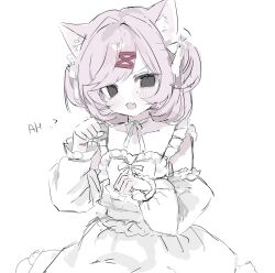  1girl :d alternate_costume animal_ears apron black_eyes bow cat_ears detached_sleeves doki_doki_literature_club english_text facing_viewer fang hair_bow hair_intakes hair_ornament highres kitty_17a light_blush lolita_fashion looking_at_viewer maid maid_apron medium_hair multiple_hair_bows natsuki_(doki_doki_literature_club) neck_ribbon open_mouth paw_pose pink_hair puffy_detached_sleeves puffy_sleeves ribbon short_twintails skin_fang smile solo solo_focus twintails white_background white_bow x_hair_ornament 