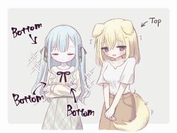  2girls animal_ears backpack bag bang_dream! bang_dream!_it's_mygo!!!!! baseball_cap black_hat black_ribbon blonde_hair blue_hair breasts closed_eyes closed_mouth commentary_request crossed_arms dog_ears dog_girl dog_tail english_text green_ribbon grey_skirt hair_ribbon handbag hat highres holding_hands interlocked_fingers into_loji large_breasts long_hair long_sleeves misumi_uika multiple_girls ribbon shirt short_sleeves skirt smile speech_bubble sweat tail thought_bubble togawa_sakiko two_side_up violet_eyes white_shirt yellow_shirt yellow_skirt yuri 