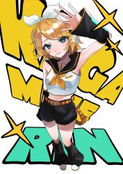  1girl arm_behind_back arm_up belt black_leg_warmers black_sailor_collar black_shorts black_sleeves blonde_hair blue_eyes bow breasts character_name closed_mouth commentary_request detached_sleeves full_body hair_bow hair_ornament hairclip headphones headset highres kagamine_rin leg_warmers looking_at_viewer midriff navel neckerchief parallel_hairclips sailor_collar shirt shoes short_hair shorts shushu_(user_jdcg7884) simple_background sleeveless sleeveless_shirt small_breasts treble_clef vocaloid white_background white_bow white_shirt white_shoes yellow_belt yellow_neckerchief yellow_trim 