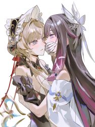  2girls absurdres black_hair blue_eyes bonnet brown_hair closed_mouth columbina_(genshin_impact) commentary covering_another's_mouth detached_sleeves dress genshin_impact gloves hand_on_another's_back head_wings highres hug lingjiu_yuki looking_at_another multicolored_hair multiple_girls off-shoulder_dress off_shoulder purple_streaks sandrone_(genshin_impact) simple_background streaked_hair violet_eyes white_background white_bonnet white_dress white_gloves winding_key wings yuri 