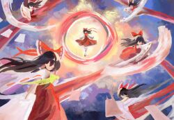  6+girls aertlus ascot bow brown_hair chinese_commentary clone commentary_request detached_sleeves faceless faceless_female frilled_bow frilled_hair_tubes frills hair_bow hair_tubes hakurei_reimu highres long_hair multiple_girls ofuda red_bow red_skirt ribbon-trimmed_sleeves ribbon_trim skirt skirt_set socks touhou white_socks yellow_ascot 