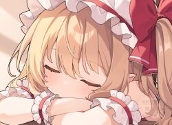  1girl blonde_hair bow chair closed_eyes commentary_request crossed_arms crystal crystal_wings facing_viewer flandre_scarlet hat hat_bow highres mob_cap multicolored_wings on_chair one_side_up red_bow shadow sleeping solo touhou variant_set watermark white_hat wings yuineko 