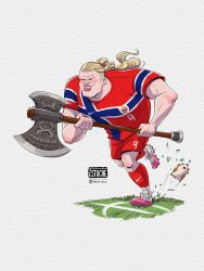  1boy absurdres animal axe blonde_hair commentary erling_haaland estuche.e hair_bun half_updo highres holding holding_axe instagram_username long_hair male_focus norwegian_national_soccer_team_uniform pink_lips real_life running soccer_uniform sportswear watermark 