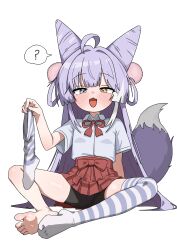  1girl ? absurdres ahoge black_shorts blue_eyes bow bowtie butterfly_sitting collared_shirt commentary_request cone_hair_bun double_bun fang fox_girl fox_tail full_body hair_bun hair_ornament hair_rings heterochromia highres holding_unworn_thighhighs korean_commentary long_hair open_mouth pleated_skirt pom_pom_(clothes) pom_pom_hair_ornament purple_hair red_bow red_bowtie red_skirt saewoocho_bab shirt short_sleeves shorts simple_background single_bare_foot single_bare_leg single_thighhigh sitting skin_fang skirt solo spoken_question_mark stellive striped_clothes striped_thighhighs tail tenko_shibuki tenko_shibuki_(1st_costume) thigh-highs unworn_thighhighs very_long_hair virtual_youtuber white_background white_shirt yellow_eyes 