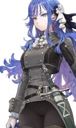  1girl ascot belt black_belt black_pants black_ribbon blue_eyes blue_gem blue_hair braid breasts buttons closed_mouth coat coattails colored_inner_hair commentary cowboy_shot crotch_seam diamond-shaped_earrings double-breasted earrings english_commentary eyelashes fantasy frilled_ascot frills gem gloves grey_coat hair_ornament hair_ribbon hair_tie highres holding holding_wand holding_weapon jewelry jun_(navigavi) long_hair long_sleeves looking_to_the_side medium_breasts multicolored_hair multiple_belts nose o-ring o-ring_belt original pants purple_hair ribbon scabbard sheath sheathed sidelocks simple_background solo sword tailcoat tight_clothes tight_pants turtleneck twin_braids two-tone_hair wand wavy_hair weapon white_ascot white_background white_gloves white_ribbon 