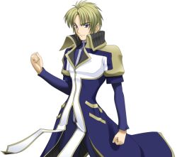  1boy 2000s_(style) blonde_hair blue_eyes clenched_hand clenched_hands closed_mouth coat cowboy_shot game_asset high_collar large_variant_set long_coat long_sleeves looking_at_viewer mahou_senshi_(series) mahou_senshi_symphonic_knights male_focus non-web_source official_art saitou_natsuki self-datamine silva_radcliffe simple_background smile solo standing tachi-e transparent_background variant_set 