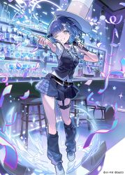  1girl :d alcohol bar_(place) bar_counter bar_stool blue_eyes blue_hair blue_nails blue_ribbon blue_skirt blue_socks blue_vest bottle bow character_name collared_shirt commentary_request company_name confetti copyright_name copyright_notice cup drinking_glass flower food fork fruit glass grin hair_bow hair_flower hair_ornament hat highres holding holding_cup holding_microphone indoors kneehighs liquid looking_at_viewer loose_socks medium_hair microphone nail_polish neck_ribbon nenecrepe official_alternate_costume official_art one_eye_closed pleated_skirt ribbon shirt shoes short_sleeves skirt smile socks solo speaker stool thigh_strap top_hat tsumugi_kokage vest virtual_youtuber vspo! white_hat white_shirt white_shoes wine_bottle wine_glass xross_stars 