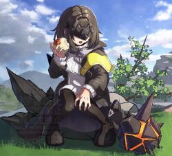  1girl apple arknights arknights:_endfield black_coat black_hair black_mask black_pantyhose coat commentary_request day endministrator_(arknights) female_endministrator_(arknights) food fruit full_body highres holding holding_food holding_fruit long_sleeves mask open_clothes open_coat open_mouth originium_slug_(arknights) outdoors ovolo123 pantyhose short_hair solo sweater white_sweater 