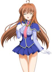  1girl 2000s_(style) ^_^ ahoge blue_capelet blue_shirt blue_skirt blush breasts brown_hair capelet closed_eyes game_asset gloves hand_on_own_chest large_variant_set long_hair mahou_senshi_(series) mahou_senshi_symphonic_knights medium_breasts miniskirt necktie non-web_source official_art open_mouth pink_necktie pleated_skirt saitou_natsuki self-datamine shirt simple_background skirt smile solo tachi-e thigh_gap transparent_background underbust variant_set white_gloves yurise_ririna 