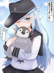  1girl ? anchor_symbol animal bird black_sailor_collar black_skirt blue_eyes commentary_request flat_cap grey_hair hat hibiki_(kancolle) highres holding holding_animal holding_bird kantai_collection long_hair long_sleeves looking_at_viewer one_eye_closed penguin pleated_skirt sailor_collar school_uniform serafuku skirt tesura_(teslamk2) translation_request upper_body 