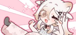  1girl :3 ;3 animal_ears blonde_hair cat_ears cat_girl cweamcat eyelashes hair_ornament hair_over_one_eye hair_ribbon hairclip indie_virtual_youtuber jewelry long_hair lowres necklace official_art one_eye_closed open_mouth outline pink_background pink_outline pink_ribbon ribbon second-party_source smile solo sparkle two_side_up virtual_youtuber w yam_(no_7error) 