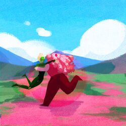  2girls clouds colored_skin commentary english_commentary fat full_body gem_(steven_universe) grass homeworld_gem_uniform hug landscape multiple_girls original outdoors peridot_facet_6c4t_cut_2xj pink_skin rose_quartz_facet_5_cut_5xl size_difference sketch sky smile steven_universe thefaeriemerchant yuri 