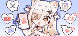 1girl :o animal_ear_fluff animal_ears blonde_hair blue_background blue_outline blush brown_eyes cat_ears cat_girl cellphone cellphone_charm charm_(object) choker cweamcat discord_logo eyelashes gradient_background hair_ornament hair_over_one_eye hair_ribbon hairclip heart heart-shaped_speech_bubble holding holding_phone indie_virtual_youtuber instagram_logo jewelry long_hair lowres necklace official_art open_mouth outline paw_print phone pink_ribbon ribbon second-party_source smartphone solo speech_bubble star_charm twitter_x_logo two_side_up virtual_youtuber yam_(no_7error) youtube_logo 