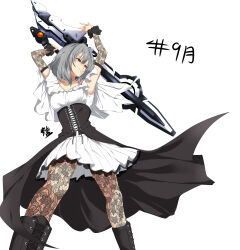  1girl absurdres arms_up artist_name assault_lily black_boots black_dress black_pantyhose boots breasts commentary_request cross-laced_clothes cross-laced_dress detached_sleeves dress feet_out_of_frame frilled_sleeves frills from_below grey_hair grin hair_between_eyes hashtag hata_matsuri high-low_dress highres holding holding_behind_back holding_weapon holding_weapon_behind_back knee_boots lace lace_pantyhose lace_sleeves layered_dress legs_apart looking_ahead medium_breasts off-shoulder_dress off_shoulder pantyhose parted_lips senri_(senri03151221) september short_hair short_sleeves simple_background smile solo standing translated v-shaped_eyebrows weapon white_background white_dress 
