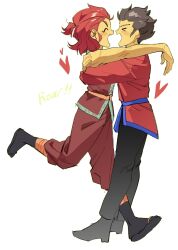  >_< 1boy 1girl ^_^ animification black_hair black_pants black_shoes blush closed_eyes colored_skin commentary_request couple dougi facing_another fang from_side full_body half_updo heart hetero highres hug jacket korean_commentary leg_up ninjago ninjago:_dragons_rising open_mouth pants red_dougi red_hair red_jacket red_pants roby_(ninjago) scar scar_on_arm shoes short_hair simple_background smile ss04pe_jb white_background wyldfyre_(ninjago) yellow_skin 
