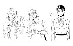  3girls character_request closed_mouth commentary_request dress expressionless freckles frown ghosts_of_greywoods greyscale hair_bun hand_up korean_commentary let_ink lips long_hair monochrome multiple_girls short_hair single_hair_bun wavy_hair 