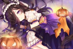  1girl animal_ears black_gloves blue_flower blue_rose bow brown_hair closed_mouth flipped_hair flower frilled_hairband frills frown gloves hair_over_one_eye hairband highres horse_ears horse_girl jack-o'-lantern jack-o'-lantern_ornament long_hair looking_at_viewer lying official_alternate_costume on_stomach puffy_short_sleeves puffy_sleeves rice_shower_(umamusume) rice_shower_(vampire_makeover!)_(umamusume) rose shirt short_sleeves skirt solo tanuki_maisnam umamusume variant_set violet_eyes white_shirt wings 