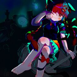  1girl absurdres animal_ears ankle_bow barefoot black_dress blunt_bangs blush bow braid breasts cat_ears cat_tail closed_mouth commentary_request dress fang fire flaming_skull frilled_dress frills green_trim hair_bow hair_ornament highres i_love_suwako kaenbyou_rin knee_blush multiple_tails nekomata one_ear_down one_eye_closed puffy_short_sleeves puffy_sleeves red_bow red_eyes red_hair short_sleeves shovel sitting skin_fang skull smile solo tail tombstone touhou twin_braids two_tails upskirt 