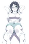  1girl black_hair blurry blush boyshorts braid breasts depth_of_field flying_sweatdrops green_eyes large_breasts lying mattaku_mousuke on_back one_eye_closed short_shorts shorts simple_background solo_focus spot_color sweat taut_clothes taut_shirt twin_braids white_background 