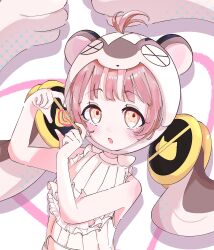  1girl absurdres ahoge animal_ears animal_hood bare_shoulders cherna_mouse highres hood looking_at_viewer magical_girl mahou_shoujo_ikusei_keikaku mahou_shoujo_ikusei_keikaku_restart malu_661 mouse_ears mouse_girl open_mouth orange_eyes pink_hair short_hair sleeveless solo 