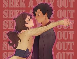  1boy 1girl black_sash black_shirt blush brown_dress brown_hair brown_jacket cable_knit closed_mouth commentary dress emakaryn english_commentary english_text eyelashes from_side hair_ornament hair_scrunchie highres hug jacket jewelry junpei_(kyokugen_dasshutsu) kurashiki_akane kyokugen_dasshutsu long_hair open_clothes open_jacket open_mouth outline pink_outline ponytail purple_scrunchie red_background ring sash scrunchie shirt short_hair sweater sweater_dress twitter_username upper_body violet_eyes wedding_ring zero_escape:_toki_no_dilemma 