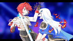  2girls ange_katrina arm_up black_corset black_gloves black_pants blue_background blue_cape blue_eyes brown_eyes cape capelet casting_spell commentary_request corset duel electricity epaulettes fire gloves gold_trim grin hair_intakes hair_ornament highres holding holding_sword holding_weapon idol_clothes index_finger_raised jacket kuujou_haru letterboxed lize_helesta long_hair long_sleeves looking_at_another magic medium_hair multicolored_eyes multiple_girls nijisanji official_alternate_costume open_clothes open_jacket open_mouth outside_border pants red_capelet red_hair side_cape side_capelet sleeve_cuffs smile sparkle sword two-sided_capelet two-sided_fabric two-tone_eyes violet_eyes virtual_youtuber weapon white_capelet white_hair white_jacket 