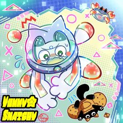  antennae black_cat black_eyes cat character_name cooky_yummy crab crane_game duel_monster failure falling fluffy_tail flying_sweatdrops food-themed_creature green_eyes halftone halftone_background helmet memphis_design no_humans nozaki_(user_eujy3775) open_mouth space_helmet spacesuit sweat tearing_up ufo wavy_mouth yu-gi-oh! yummy_snatchy 