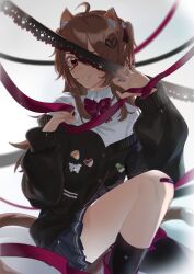  1girl absurdres animal_ears asymmetrical_legwear bandaid bandaid_on_knee bandaid_on_leg black_cardigan black_skirt black_socks black_thighhighs bow bowtie broken_heart broken_heart_hair_ornament brown_hair cardigan cat_ears cat_girl collared_shirt commentary dress_shirt english_commentary evil_neuro-sama evil_neuro-sama_(1st_costume) feet_out_of_frame from_side grin hair_between_eyes hair_ornament hair_ribbon heart heart_hair_ornament highres long_hair long_sleeves looking_at_viewer miniskirt off-shoulder_cardigan pleated_skirt red_bow red_bowtie red_eyes red_ribbon ribbon shirt single_sock single_thighhigh skirt smile socks solo thigh-highs trashhuas two_side_up uneven_legwear vedal_ai virtual_youtuber white_shirt 