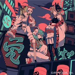  3girls absurdres ahoge album_cover bare_shoulders belt black_belt black_gloves black_shirt black_thighhighs blonde_hair breasts brown_hair building city clouds commentary company_name copyright_notice cover crop_top fingerless_gloves fishnet_sleeves fishnets floral_print flower folding_fan fox_mask furen_e_lustario gaako_illust gloves green_hair hair_flower hair_ornament hakase_fuyuki hand_fan hand_on_own_chin head_rest highres holding holding_fan jacket jacket_partially_removed knee_up long_hair looking_at_viewer loose_socks mask midriff multiple_girls navel night nijisanji off_shoulder official_alternate_costume official_art outdoors red_eyes red_shirt red_shoes second-party_source shirt shoes shorts sign sitting sleeveless sleeveless_shirt sneakers socks squatting standing takamiya_rion tassel tassel_hair_ornament thigh-highs trinity_(nijisanji) twintails virtual_youtuber white_shirt white_shorts wide_sleeves 
