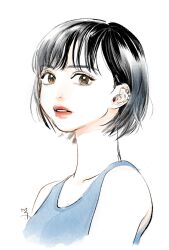 1girl bare_shoulders black_hair brown_eyes character_request commentary_request copyright_request cropped_shoulders ear_piercing korean_commentary let_ink parted_lips piercing pink_lips short_hair solo white_background 