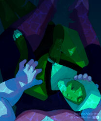  2girls character_pov closed_eyes colored_skin commentary cuddling english_commentary face_shield fat forehead_jewel freckles gem gem_(steven_universe) gloves green_skin highres homeworld_gem_uniform multiple_girls original parted_lips peridot_facet_6c4t_cut_2xj pov pov_hands rose_quartz_facet_5_cut_5xl sketch sleeping steven_universe thefaeriemerchant yuri 