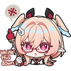  1girl chibi chibi_only genshin_impact hair_between_eyes hair_ornament hairclip holding linnea_(genshin_impact) looking_at_viewer lowres official_art open_mouth pink_hair pointy_ears red_eyes solo speech_bubble transparent_background twintails 