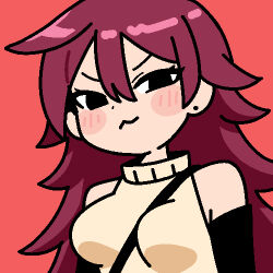  1girl :3 bare_shoulders between_breasts black_eyes blush_stickers breasts closed_mouth commentary_request double-parted_bangs hair_between_eyes hair_flaps jaggy_lines jazz_jack long_hair looking_at_viewer lowres medium_breasts raia-chan red_background red_hair simple_background sleeveless sleeveless_sweater solo strap_between_breasts sweater turtleneck turtleneck_sweater upper_body v-shaped_eyebrows yappari_chinchirando yellow_sweater 