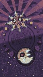  absurdres black_sclera colored_sclera crescent highres lunatone narrowed_eyes no_humans pokemon pokemon_(creature) pokemon_focus radstarsaur red_eyes rock solrock sun_symbol 