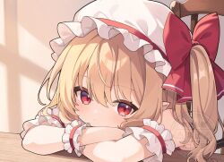  1girl blonde_hair bow chair commentary_request crossed_arms crystal crystal_wings flandre_scarlet hat hat_bow highres looking_at_viewer mob_cap multicolored_wings on_chair one_side_up red_bow red_eyes shadow solo touhou variant_set watermark white_hat wings yuineko 
