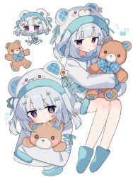  1girl @_@ absurdres animal_hood bear_hood blue_hair blue_ribbon blue_socks blush bow commentary_request commission full_body hair_bow hair_ornament hairclip highres holding holding_stuffed_toy hood hoodie medium_hair napenasupe original ribbon sitting sleeves_past_wrists socks solo stuffed_animal stuffed_toy teddy_bear twintails violet_eyes white_background 