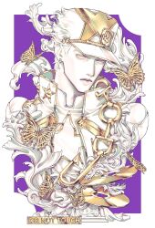  1boy baseball_cap border brooch cd chain closed_mouth coat colored_skin commentary earrings english_text fish_hook gold_chain golden_butterfly hat high_collar highres jewelry jojo_no_kimyou_na_bouken kujo_jotaro limited_palette looking_at_viewer male_focus mandarin_collar partially_colored plant purple_background shirt solo star_(symbol) star_ornament star_print statue stone_ocean stud_earrings turtleneck turtleneck_shirt untranslatable_commentary upper_body white_border white_coat white_eyes white_hat white_shirt white_skin zhhy3324 