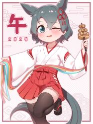  1girl 2026 absurdres animal_ears bell black_hair black_thighhighs blush bow chinese_zodiac chis_(js60216) commentary detached_sleeves hakama hakama_short_skirt hakama_skirt highres holding holding_bell horse_ears horse_girl horse_tail instrument japanese_clothes jingle_bell kaban_(kemono_friends) kagura_suzu kemono_friends kimono long_sleeves looking_at_viewer nontraditional_miko open_mouth rattle red_hakama red_skirt ribbon ribbon-trimmed_sleeves ribbon_trim short_hair skirt smile solo tail thigh-highs white_kimono wide_sleeves year_of_the_horse 