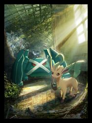  absurdres brown_eyes claws commentary_request gears green_fur highres leaf leafeon metagross metal_skin nagashito_(nagashito723) no_humans pokemon pokemon_(creature) pokemon_focus red_eyes reflection standing tail tree window yellow_fur 