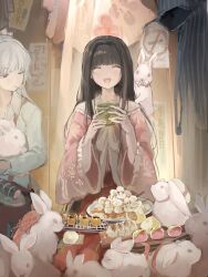  2girls ^_^ absurdres animal bow bowtie brown_hair closed_eyes collared_shirt commentary_request cup dango food frilled_shirt_collar frilled_sleeves frills fujiwara_no_mokou grey_hair hair_bow highres holding holding_animal holding_cup holding_rabbit houraisan_kaguya long_hair long_sleeves mochi multiple_girls pants pink_shirt rabbit red_eyes red_pants red_skirt sakura_mochi sesmkun shirt skirt solo_focus suspenders touhou wagashi white_bow white_bowtie white_shirt wide_sleeves 