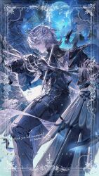  1boy bishounen black_cape black_gloves black_pants black_shirt bloom blue_moon blue_theme border building cape closed_mouth commentary commission commissioner_name crown cuso4_suiwabutu drawing_sword dynamic_pose earrings feathered_wings feet_out_of_frame from_side gloves highres holding holding_sheath holding_sword holding_weapon inset_border jewelry long_sleeves male_focus metal_wings moon night original outdoors pants profile purple_stole red_eyes scabbard sheath shirt short_hair skeb_commission solo spire stole stud_earrings sword thank_you weapon white_border white_hair wings 